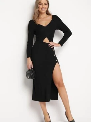 Czarna Sukienka z Wycięciem na Brzuchu z Ozdobnymi Guzikami i Rozcięciem na Dole Majanna elsa.m by may