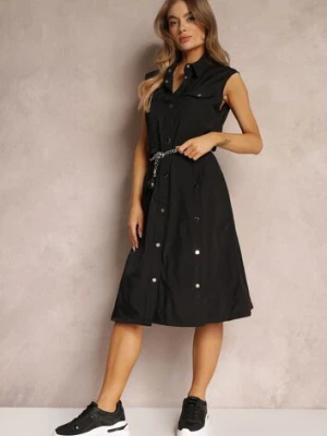 Czarna Sukienka za Kolano z Ozdobnym Paskiem Adarene ann gissy