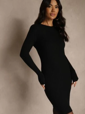 Czarna Sweterkowa Dopasowana Sukienka z Bawełną Reileta