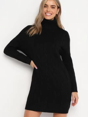 Czarna Sweterkowa Mini Sukienka z Szerokim Golfem i Ściągaczami Patricime