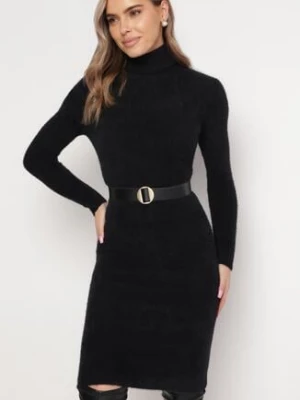 Czarna Sweterkowa Puchata Sukienka Midi z Wełny z Golfem Sebhat
