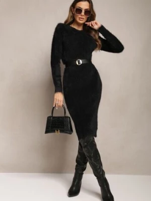 Czarna Sweterkowa Sukienka Midi Puchowa Dzianina z Wełną Breixate j&x
