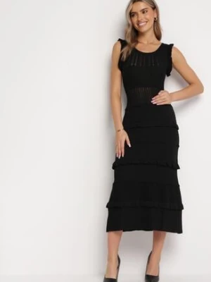 Czarna Sweterkowa Sukienka Midi z Falbankami Gadise rosa