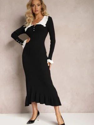 Czarna Sweterkowa Sukienka Midi z Wywiniętym Kołnierzem i Falbankami Totfara rosa