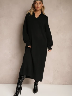 Czarna Sweterkowa Sukienka z Wiskozą o Pudełkowym Kroju Ozdobiona Kołnierzykiem Clarinnae M&d Fashion