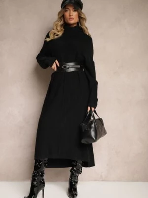 Czarna Sweterkowa Sukienka z Wiskozą z Golfem i Eleganckimi Rozcięciami Elettrina sweet lady