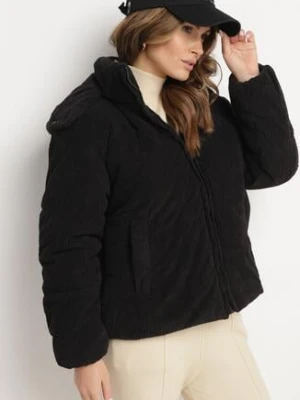 Czarna Sztruksowa Kurtka Puchowa z Odpinanym Kapturem Sinitha h&s