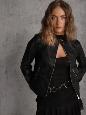 Czarna Taliowana Kurtka Ramoneska o Klasycznym Fasonie Tessana