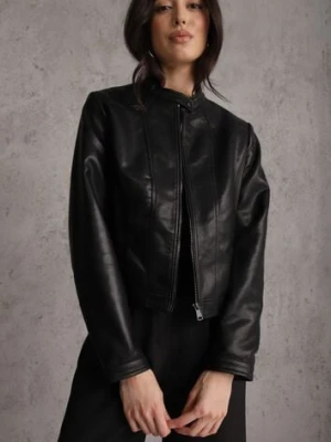 Czarna Taliowana Kurtka Ramoneska Y2K ze Stójką Fezilae