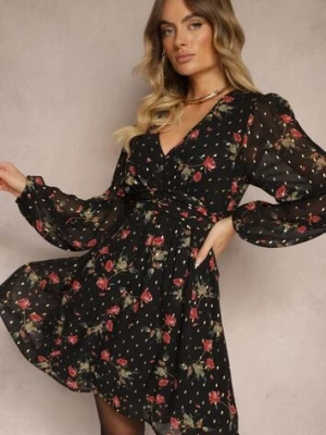 Czarna Taliowana Kwiatowa Sukienka o Rozkloszowanym Kroju Zakończona Ściągaczami Evandrae retro & icone