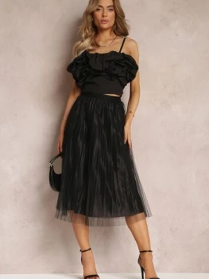 Czarna Taliowana Spódnica z Plisowaniem i Gumką w Pasie Cosmie j&x