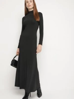 Czarna Taliowana Sukienka Koktajlowa z Wiskozą i Półgolfem Zozelira