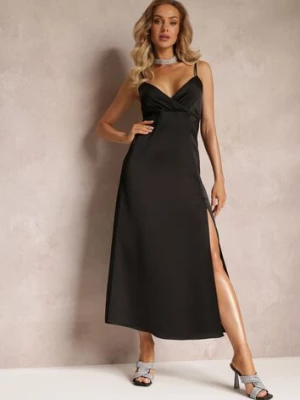Czarna Taliowana Sukienka Maxi na Cienkich Ramiączkach z Rozcięciem Samiksa