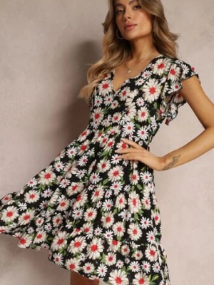 Czarna Taliowana Sukienka Mini w Kwiaty z Gumką w Talii Teziovi cflo