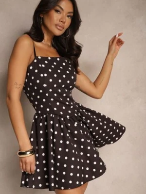 Czarna Taliowana Sukienka o Rozkloszowanym Dole w Kropki Milretis allyson