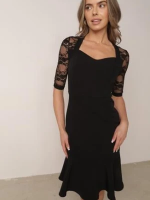 Czarna Taliowana Sukienka VICES z Koronkowymi Rękawami Oceamara