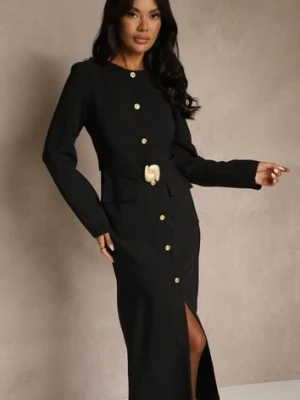 Czarna Taliowana Sukienka z Eleganckimi Guzikami i Metaliczną Klamrą Espedia bisou's project