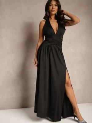 Czarna Taliowana Sukienka z Głębokim Dekoltem Usztywnianymi Miseczkami i Marszczeniem Vamigala allyson