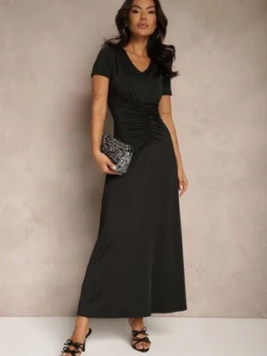 Czarna Taliowana Sukienka z Ozdobnymi Marszczeniami i Domieszką Wiskozy Avenile by swan