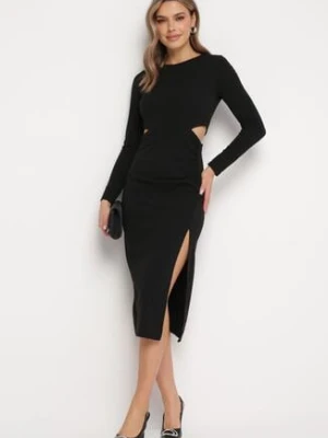 Czarna Taliowana Sukienka z Wycięciami w Talii i Rozcięciem na Dole Larnnie by swan