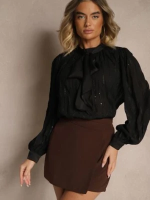 Czarna Tłoczona Bluzka o Koszulowym Kroju z Ozdobnym Wiązaniem Sepalea elsa.m by may