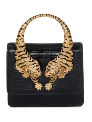 Czarna torba z kryształowym uchwytu w kształcie tygrysa Roberto Cavalli