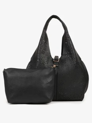 Czarna Torebka Hobo Zdobiona Ażurową Perforacją z Dodatkową Saszetką Frolana andrea massi