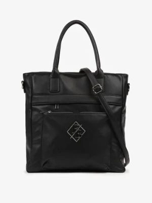 Czarna Torebka Typu Shopper z Paskiem Crossbody Zdobiona Aplikacją Idaniela