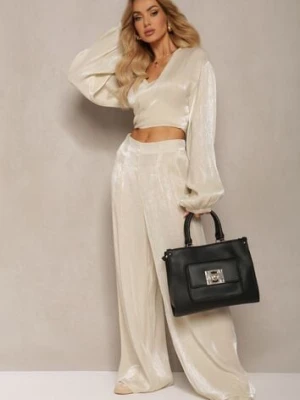 Czarna Torebka z Podwójną Rączką Naszytą Komorą i Metalowymi Detalami Htirma