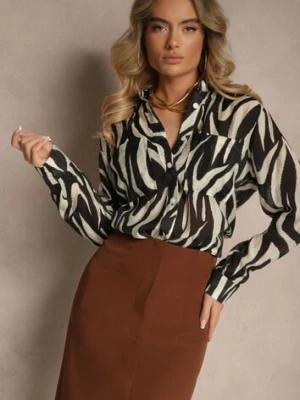 Czarna Transparentna Koszula z Wiskozy o Klasycznym Kroju w Print Zebra Covianne viola&c