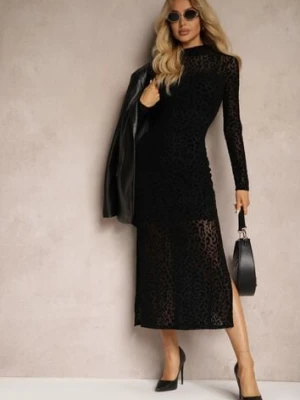 Czarna Transparentna Sukienka z Welurowym Wzorem w Panterkę z Rozcięciami Zailnn by swan