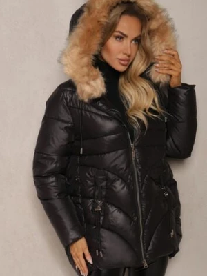 Czarna Trapezowa Kurtka z Pikowanymi Przeszyciami i Kapturem z Odpinanym Futrem Deoiala