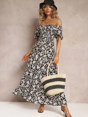 Czarna Trapezowa Sukienka Bawełniana w Kwiaty Cresenia rosa