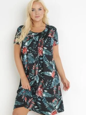 Czarna Trapezowa Sukienka Midi z Krótkimi Rękawami w Kwiaty Alyana black&fish