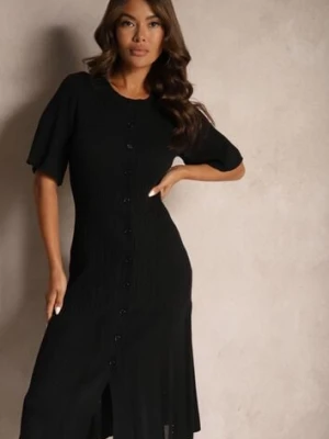 Czarna Trapezowa Sukienka z Dzianiny Zapinana na Guziki Zetirae rosa