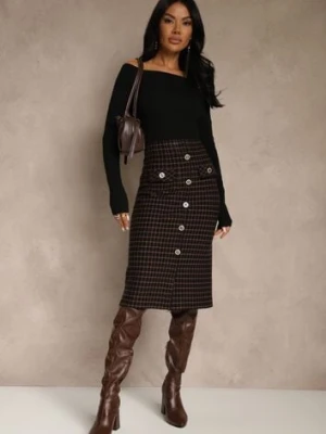 Czarna Tweedowa Spódnica Ołówkowa w Kratę z Guzikami Aretusa