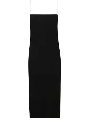 Czarna Wełniana Sukienka Midi z Cienkimi Ramiączkami N21