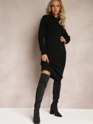 Czarna Wełniana Sukienka w Prążki z Kapturem Opiuda j&x