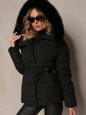 Czarna Wiązana Kurtka z Pikowaniem i Kapturem z Futerkiem Elinerra melya by melody