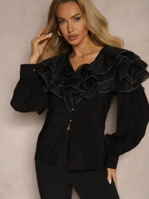 Czarna Wieczorowa Koszula z Ozdobnymi Falbanami i Guzikami Lerellia elsa.m by may