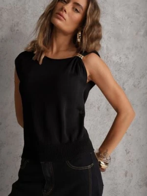 Czarna Wiskozowa Bluzka Bez Rękawów z Dzianiny Zdobiona Metaliczną Aplikacją Alutina