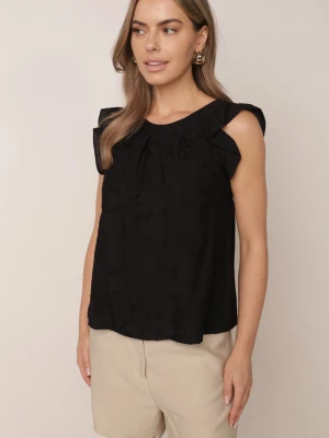 Czarna Wiskozowa Bluzka Bez Rękawów Zdobiona Haftem i Falbankami Adramisia J&x