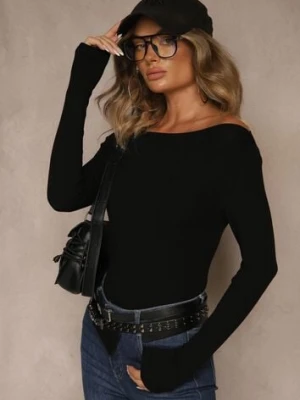 Czarna Wiskozowa Bluzka Longsleeve z Dekoltem Typu Łódka Zaide