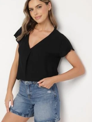 Czarna Wiskozowa Bluzka o Nietoperzowym Kroju z Ozdobną Zakładką Pasandria sublevel