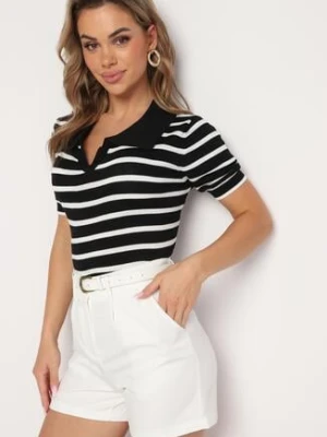 Czarna Wiskozowa Bluzka Polo Dzianinowa w Paski z Kołnierzykiem Eliltia elsa.m by may