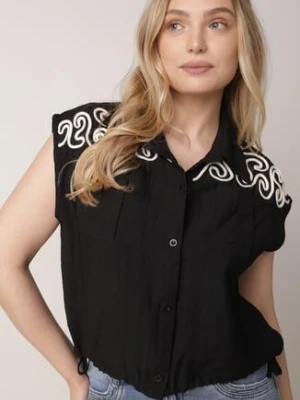 Czarna Wiskozowa Koszula Boho Bez Rękawów ze Ściągaczem w Pasie Limopise j&x