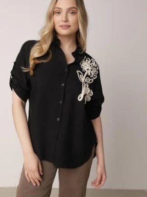 Czarna Wiskozowa Koszula Nietoperzowa z Regulowanymi Rękawami i Haftem Maryrenna ambitionfly