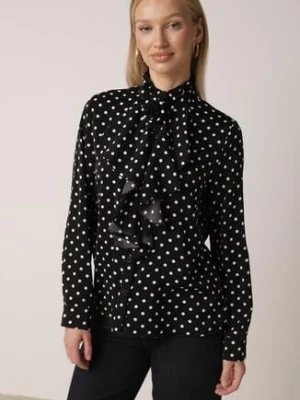 Czarna Wiskozowa Koszula w Kropki ze Stójką z Ozdobnymi Falbanami Isamene elsa.m by may