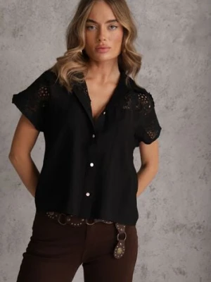 Czarna Wiskozowa Koszula z Krótkim Rękawem Zdobiona Koronkowymi Wstawkami Phiniche romee's