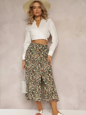 Czarno-Żółta Wiskozowa Rozkloszowana Spódnica Zapinana na Guziki z Materiałowym Paskiem Oheva rosa